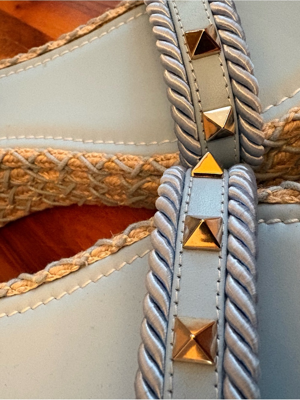 Valentino Garavani Rockstud Torchon Braided Espadrille Sandals, Powder Blue, NEW - Picture 5 of 15